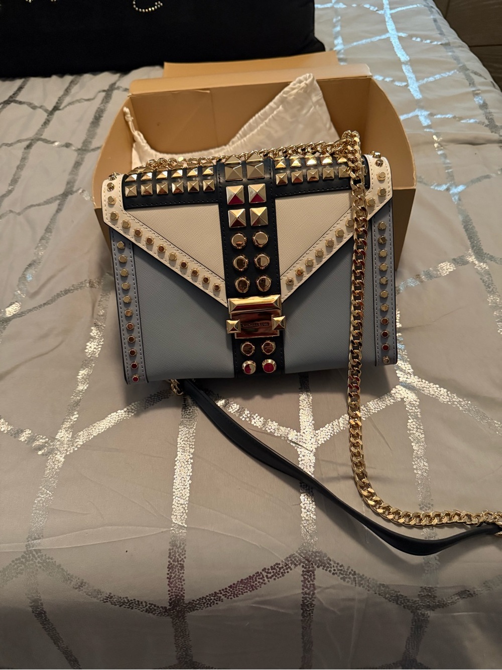 MICHAEL Michael Kors Light Blue Leather Crossbody with Gold Studs